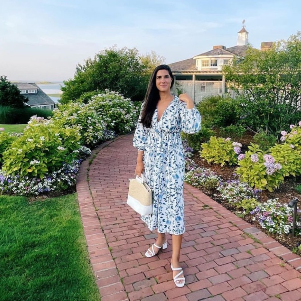 Long sleeve blue and white floral dress